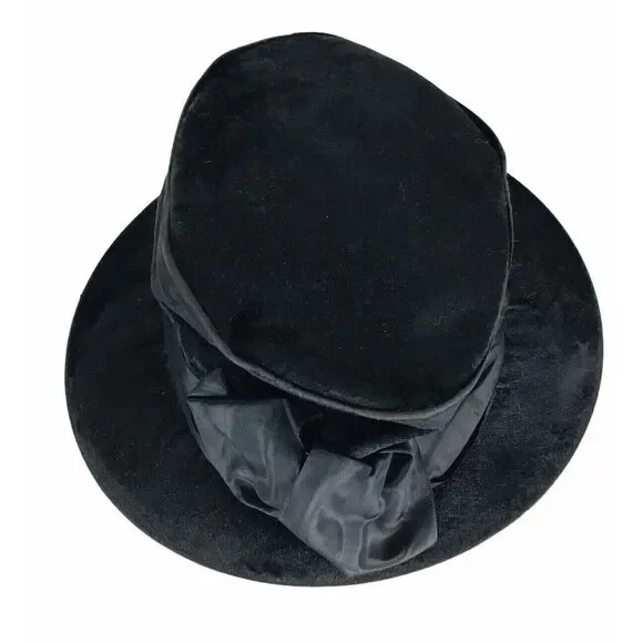 Antique Victorian Edwardian 1900s Black Velvet Wire Frame Slouchy Bow Top Hat